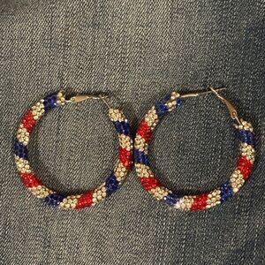 Red, Blue, and Silver rhinestone Hoop Earrings